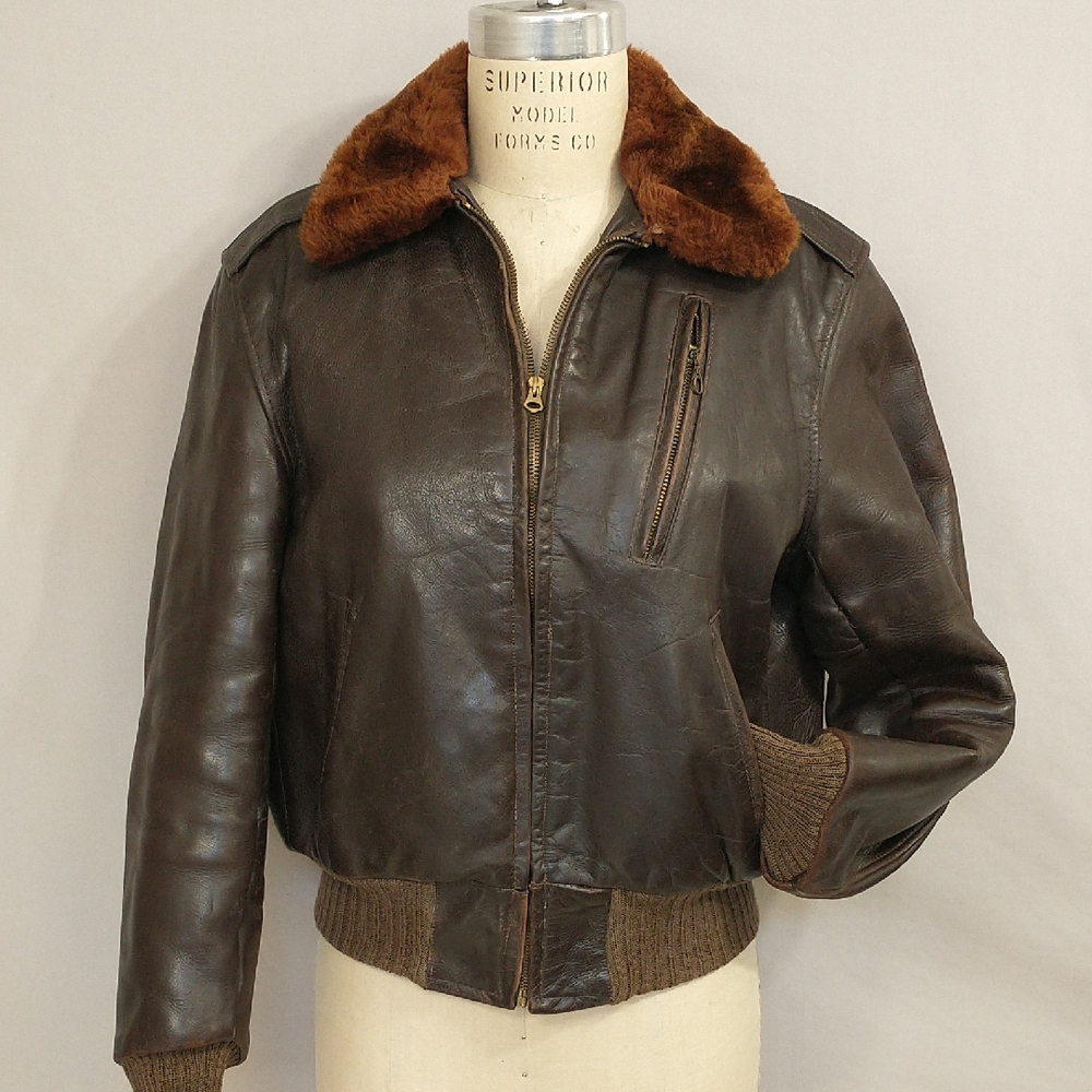Vintage Leather Bomber Jacket Real Fur Collar Wool Knit Brown NoTags Exc Quality